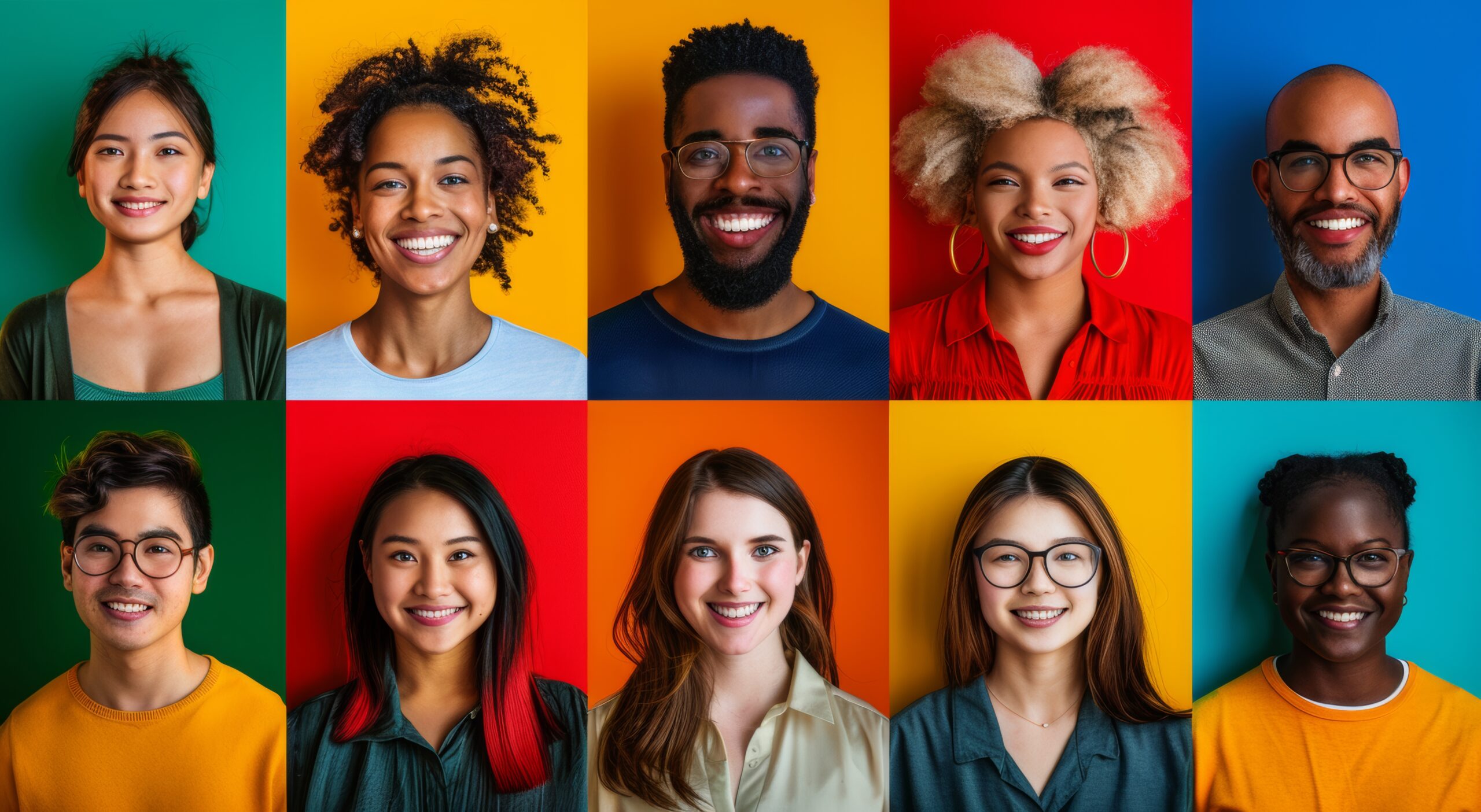 A collage of diverse portraits representing different ethnicities and ages, each person smiling against vibrant color backgrounds. The photos should be arranged in a grid pattern with the individuals Join higherLRN